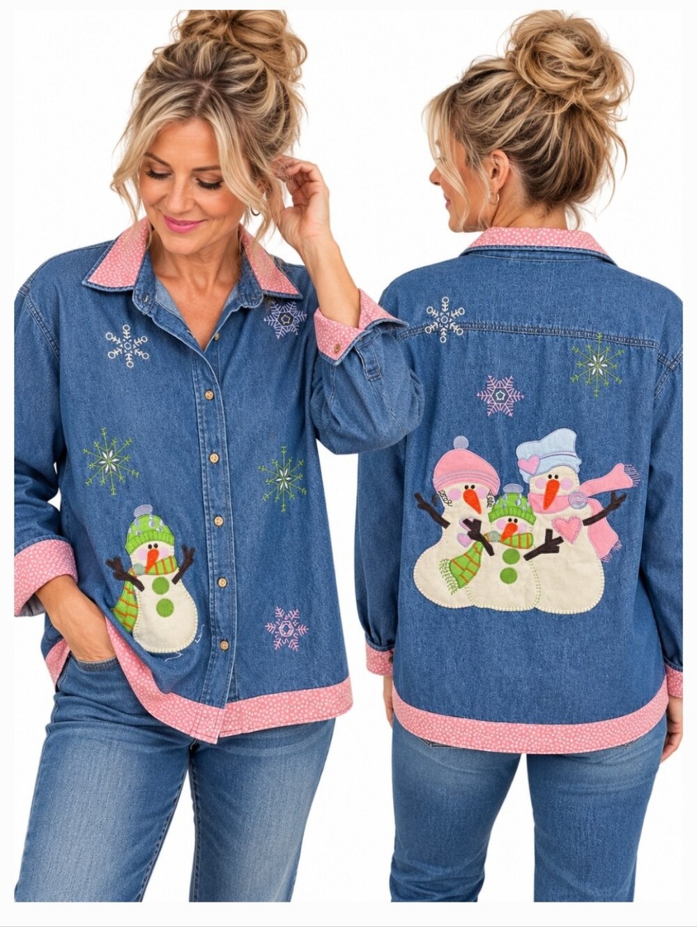 Lighthouse Apparel Women’s Large Denim Snowman Applique Christmas Shirt Jacket